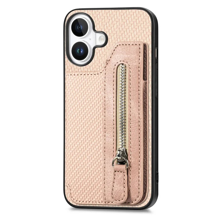For iPhone 16 Case Leather+PC+TPU Zipper Wallet Phone Shell Back Cover