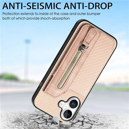 For iPhone 16 Case Leather+PC+TPU Zipper Wallet Phone Shell Back Cover