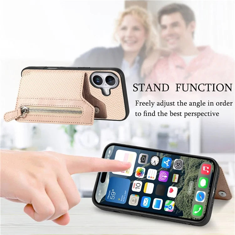For iPhone 16 Case Leather+PC+TPU Zipper Wallet Phone Shell Back Cover