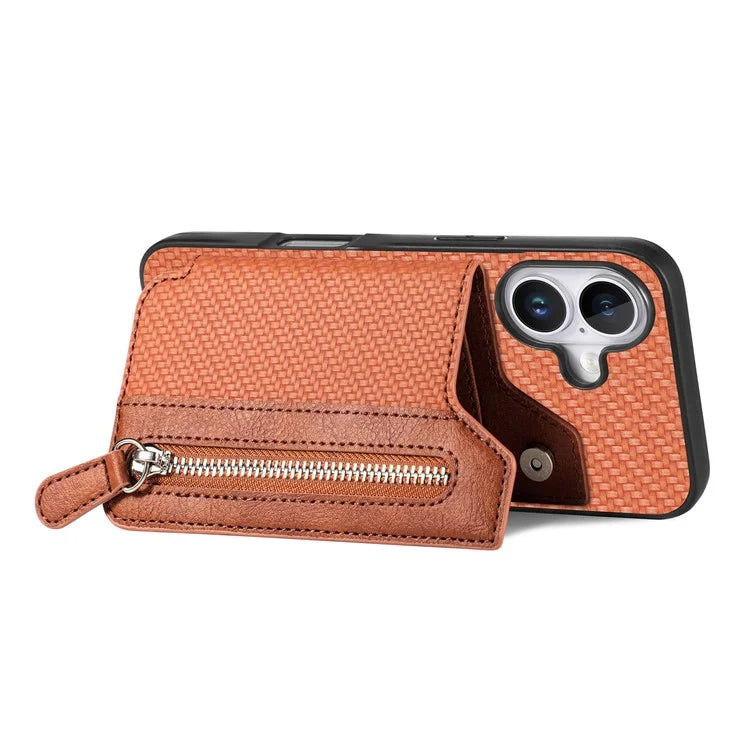 For iPhone 16 Case Leather+PC+TPU Zipper Wallet Phone Shell Back Cover