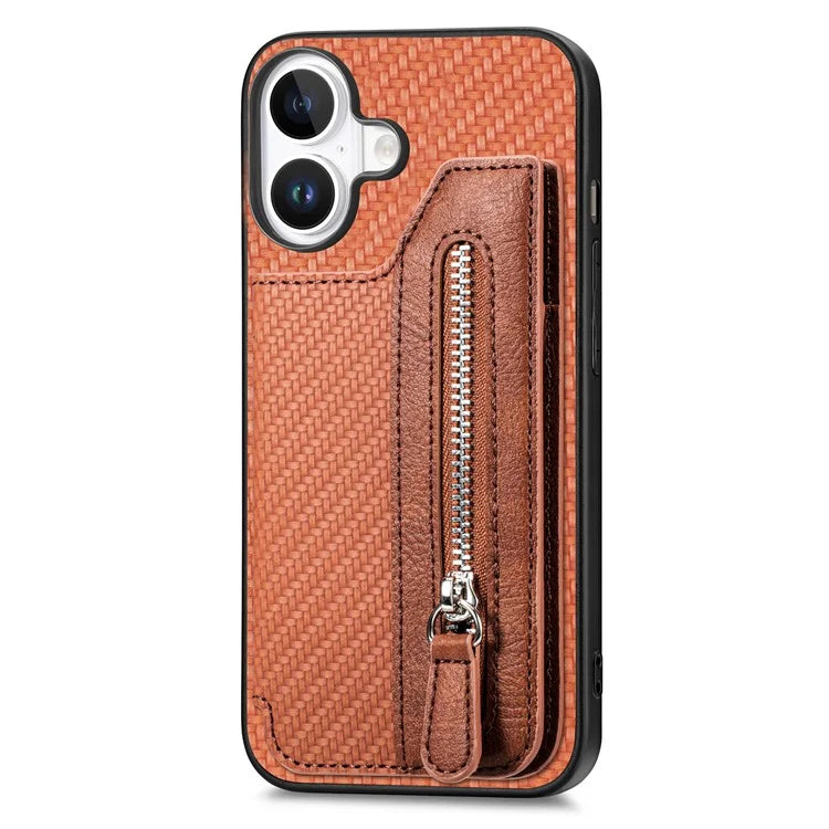 For iPhone 16 Case Leather+PC+TPU Zipper Wallet Phone Shell Back Cover