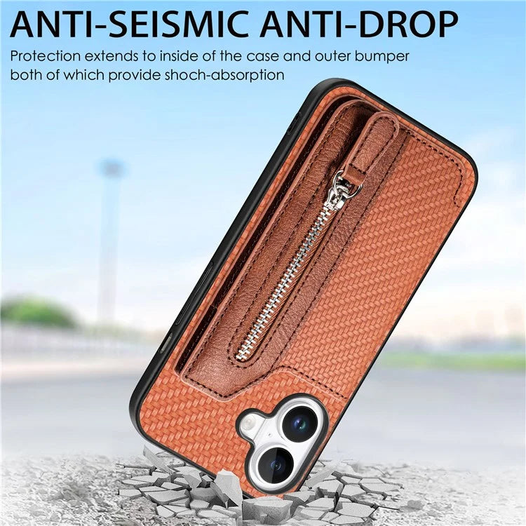For iPhone 16 Case Leather+PC+TPU Zipper Wallet Phone Shell Back Cover