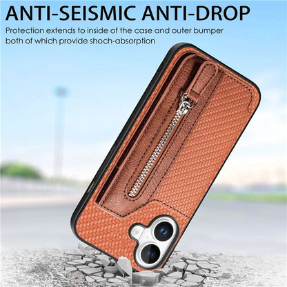 For iPhone 16 Case Leather+PC+TPU Zipper Wallet Phone Shell Back Cover