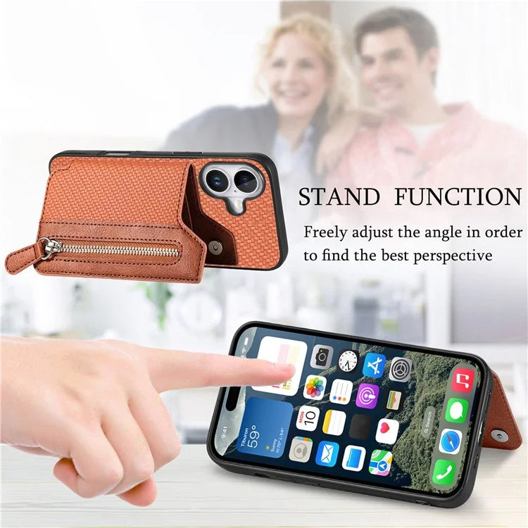 For iPhone 16 Case Leather+PC+TPU Zipper Wallet Phone Shell Back Cover