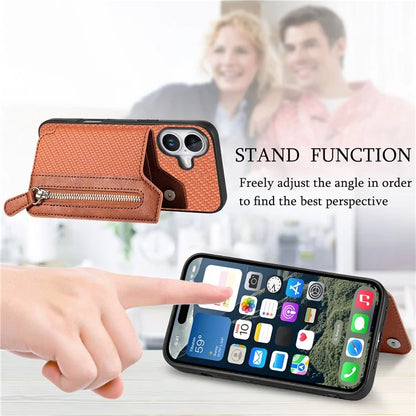 For iPhone 16 Case Leather+PC+TPU Zipper Wallet Phone Shell Back Cover