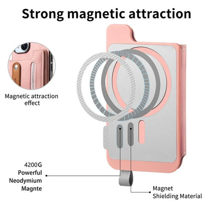 For iPhone 16 Pro Max Case Zipper Card Holder Leather+TPU+PC Phone Cover 2-in-1 Magnetic Detachable