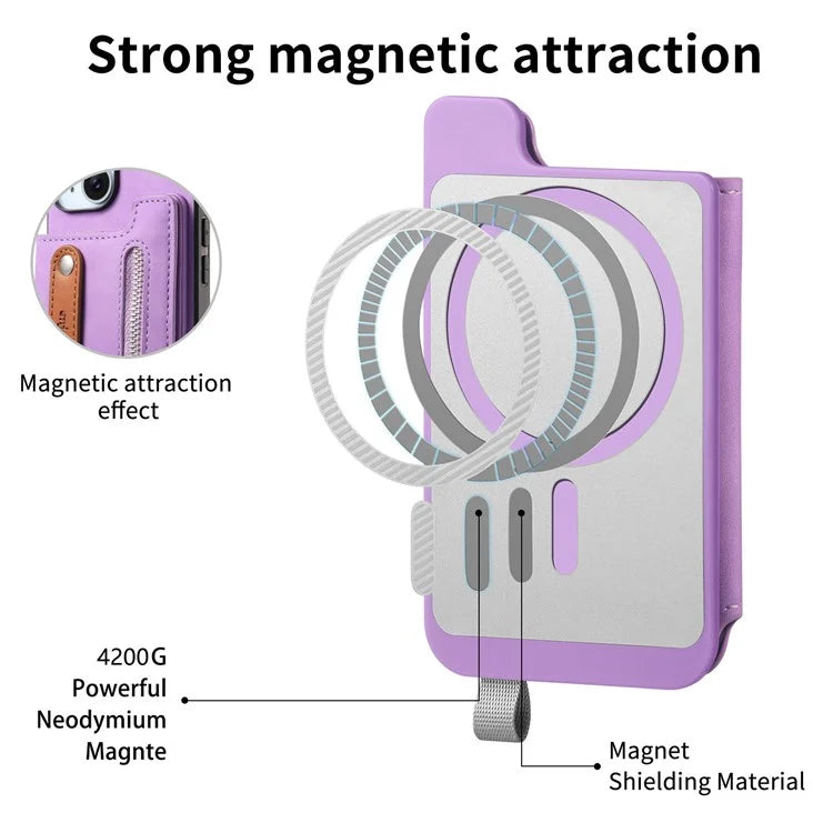 For iPhone 16 Pro Max Case Zipper Card Holder Leather+TPU+PC Phone Cover 2-in-1 Magnetic Detachable