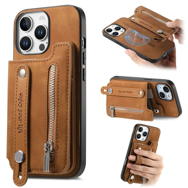 For iPhone 16 Pro Max Case Zipper Card Holder Leather+TPU+PC Phone Cover 2-in-1 Magnetic Detachable