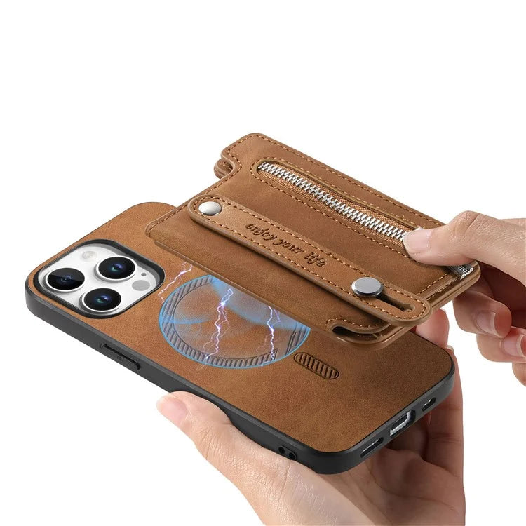 For iPhone 16 Pro Max Case Zipper Card Holder Leather+TPU+PC Phone Cover 2-in-1 Magnetic Detachable