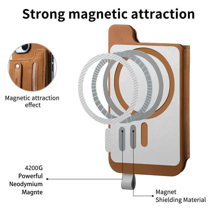 For iPhone 16 Pro Max Case Zipper Card Holder Leather+TPU+PC Phone Cover 2-in-1 Magnetic Detachable