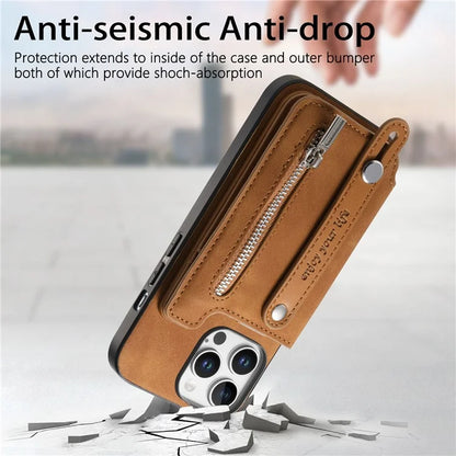 For iPhone 16 Pro Max Case Zipper Card Holder Leather+TPU+PC Phone Cover 2-in-1 Magnetic Detachable