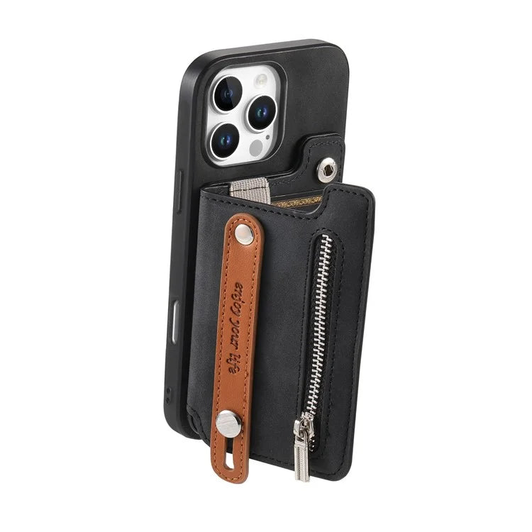 For iPhone 16 Pro Max Case Zipper Card Holder Leather+TPU+PC Phone Cover 2-in-1 Magnetic Detachable