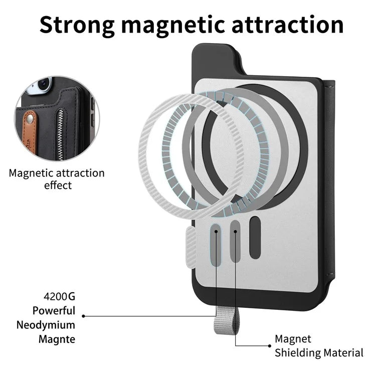 For iPhone 16 Pro Max Case Zipper Card Holder Leather+TPU+PC Phone Cover 2-in-1 Magnetic Detachable