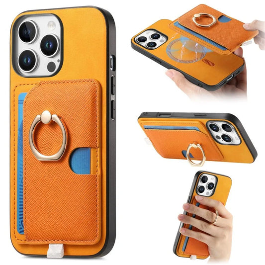 For iPhone 16 Pro Max Case Ring Kickstand Leather+TPU+PC Phone Cover Detachable 2-in-1 Card Holder