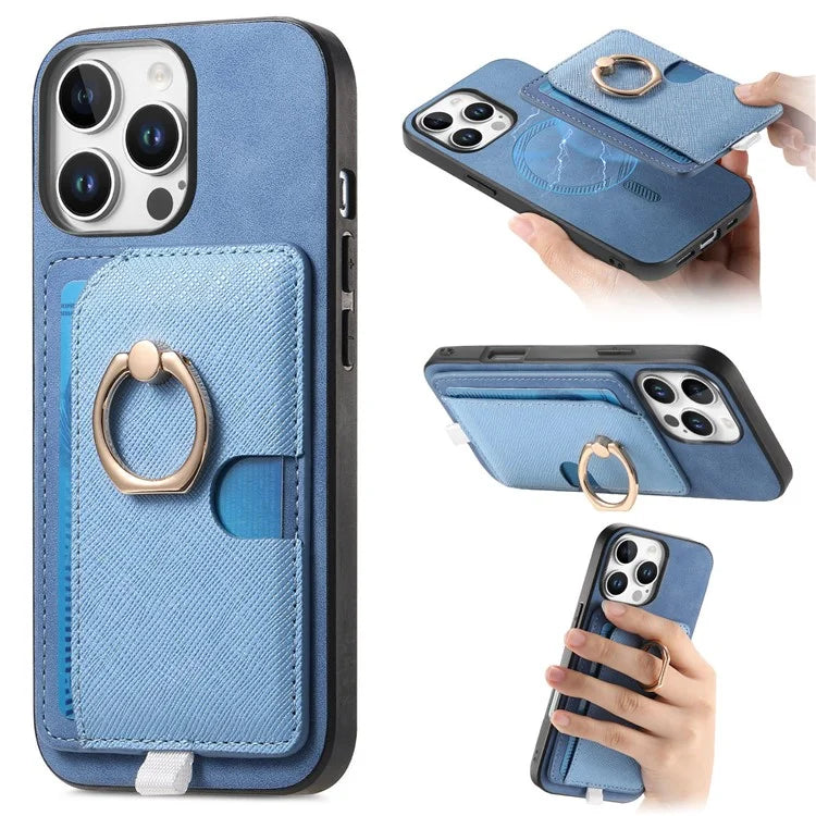 For iPhone 16 Pro Max Case Ring Kickstand Leather+TPU+PC Phone Cover Detachable 2-in-1 Card Holder