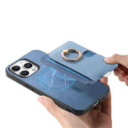 For iPhone 16 Pro Max Case Ring Kickstand Leather+TPU+PC Phone Cover Detachable 2-in-1 Card Holder