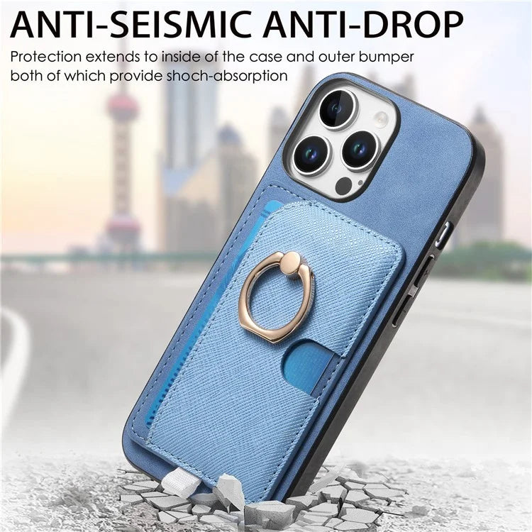 For iPhone 16 Pro Max Case Ring Kickstand Leather+TPU+PC Phone Cover Detachable 2-in-1 Card Holder