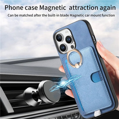 For iPhone 16 Pro Max Case Ring Kickstand Leather+TPU+PC Phone Cover Detachable 2-in-1 Card Holder