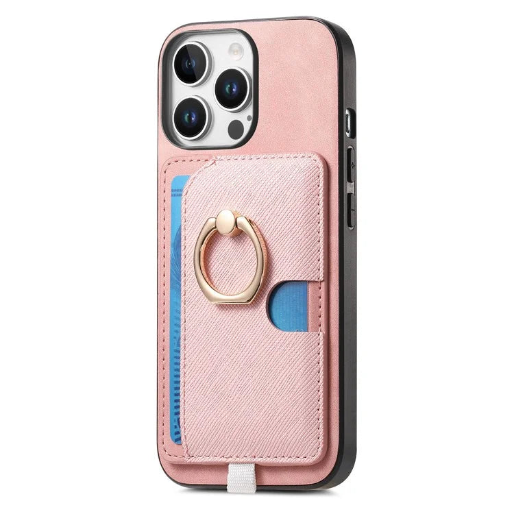 For iPhone 16 Pro Max Case Ring Kickstand Leather+TPU+PC Phone Cover Detachable 2-in-1 Card Holder