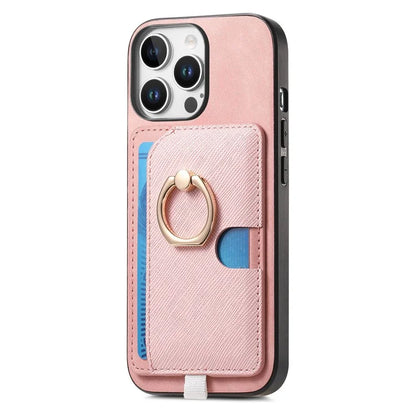For iPhone 16 Pro Max Case Ring Kickstand Leather+TPU+PC Phone Cover Detachable 2-in-1 Card Holder