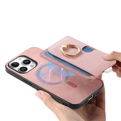 For iPhone 16 Pro Max Case Ring Kickstand Leather+TPU+PC Phone Cover Detachable 2-in-1 Card Holder