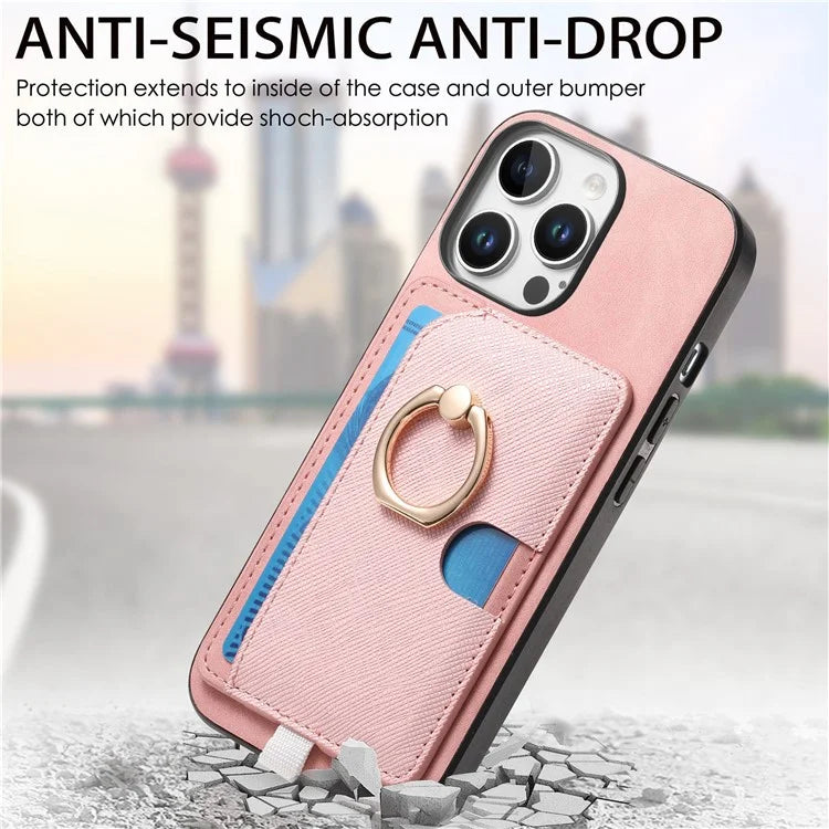 For iPhone 16 Pro Max Case Ring Kickstand Leather+TPU+PC Phone Cover Detachable 2-in-1 Card Holder