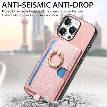 For iPhone 16 Pro Max Case Ring Kickstand Leather+TPU+PC Phone Cover Detachable 2-in-1 Card Holder