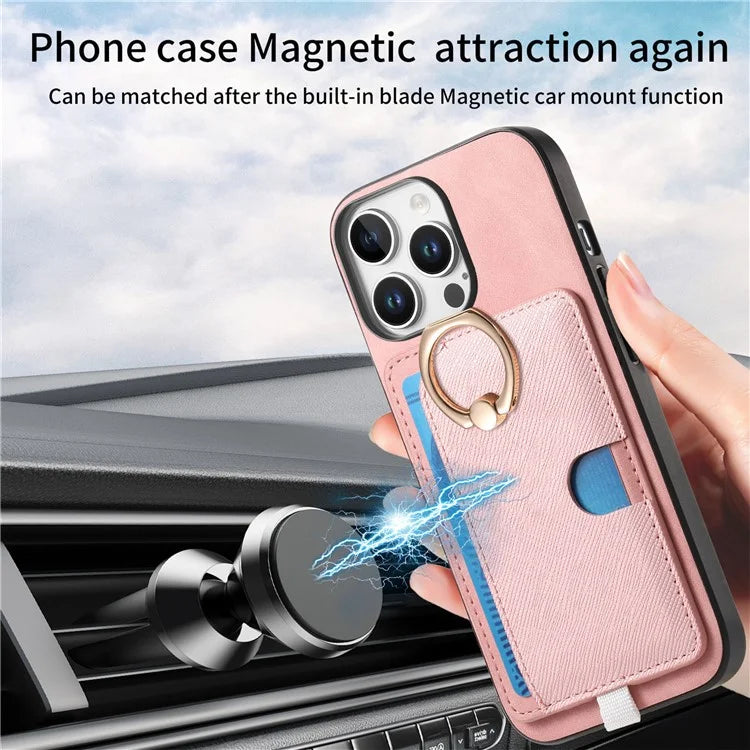 For iPhone 16 Pro Max Case Ring Kickstand Leather+TPU+PC Phone Cover Detachable 2-in-1 Card Holder