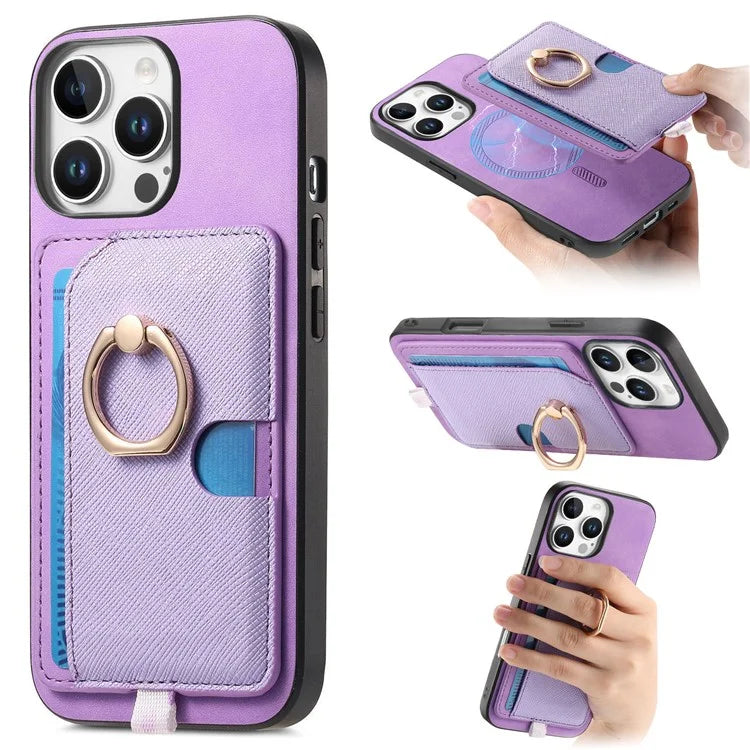 For iPhone 16 Pro Max Case Ring Kickstand Leather+TPU+PC Phone Cover Detachable 2-in-1 Card Holder