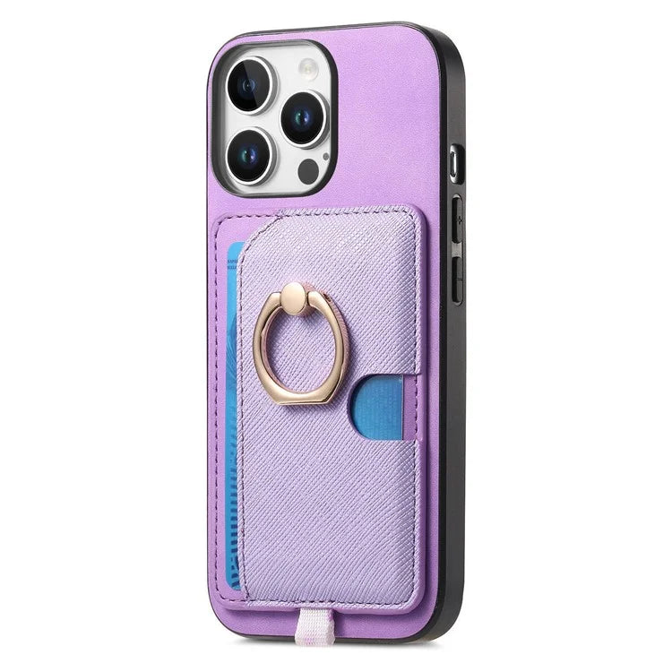 For iPhone 16 Pro Max Case Ring Kickstand Leather+TPU+PC Phone Cover Detachable 2-in-1 Card Holder