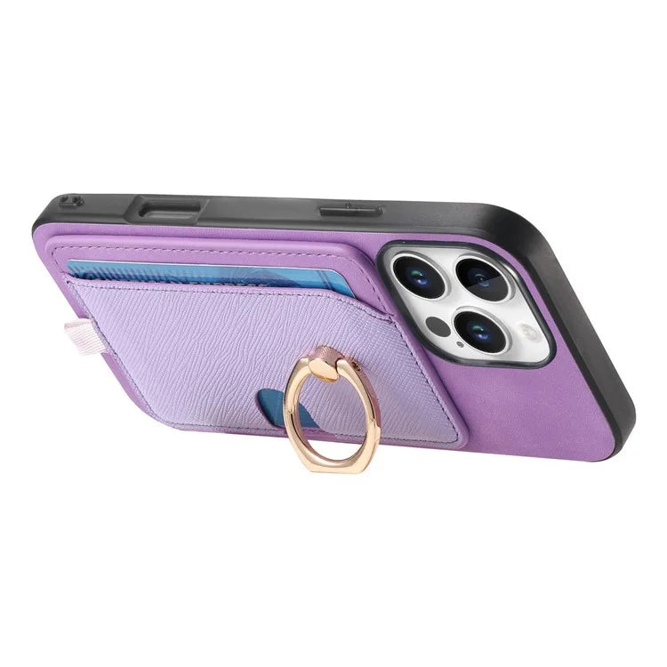 For iPhone 16 Pro Max Case Ring Kickstand Leather+TPU+PC Phone Cover Detachable 2-in-1 Card Holder