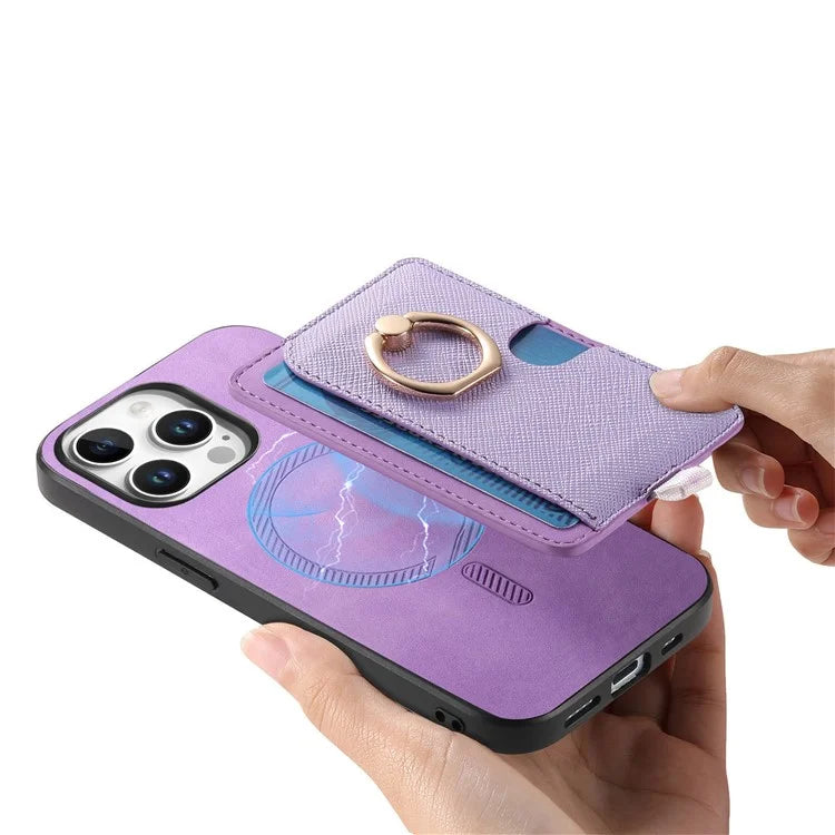For iPhone 16 Pro Max Case Ring Kickstand Leather+TPU+PC Phone Cover Detachable 2-in-1 Card Holder