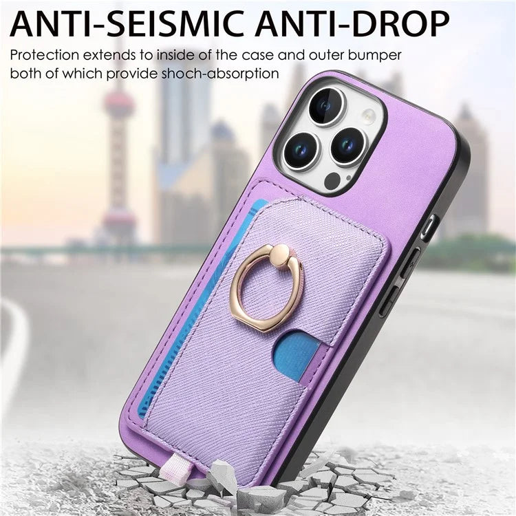 For iPhone 16 Pro Max Case Ring Kickstand Leather+TPU+PC Phone Cover Detachable 2-in-1 Card Holder