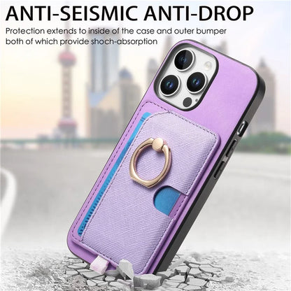 For iPhone 16 Pro Max Case Ring Kickstand Leather+TPU+PC Phone Cover Detachable 2-in-1 Card Holder