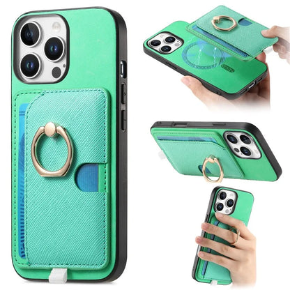 For iPhone 16 Pro Max Case Ring Kickstand Leather+TPU+PC Phone Cover Detachable 2-in-1 Card Holder