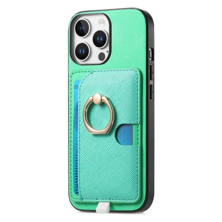 For iPhone 16 Pro Max Case Ring Kickstand Leather+TPU+PC Phone Cover Detachable 2-in-1 Card Holder