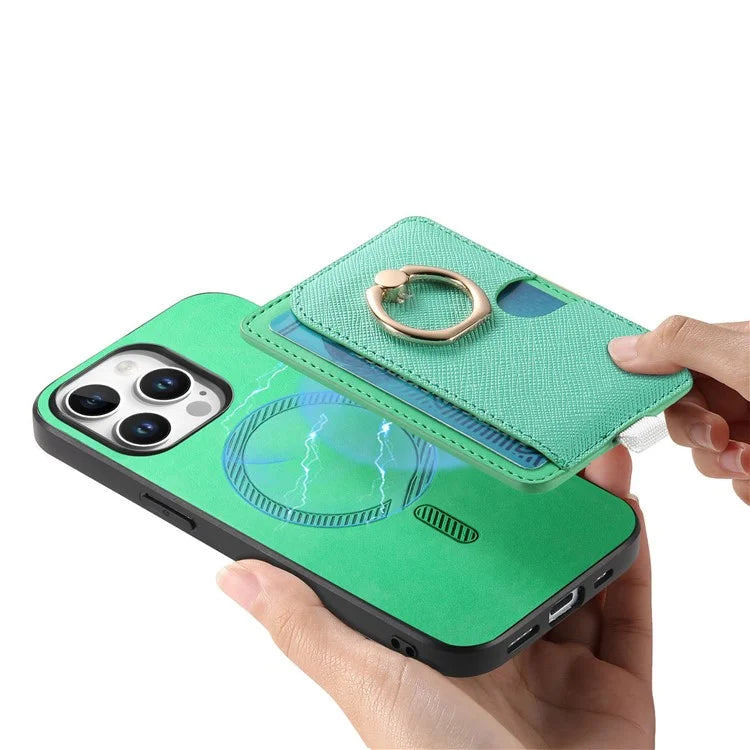 For iPhone 16 Pro Max Case Ring Kickstand Leather+TPU+PC Phone Cover Detachable 2-in-1 Card Holder