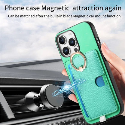 For iPhone 16 Pro Max Case Ring Kickstand Leather+TPU+PC Phone Cover Detachable 2-in-1 Card Holder