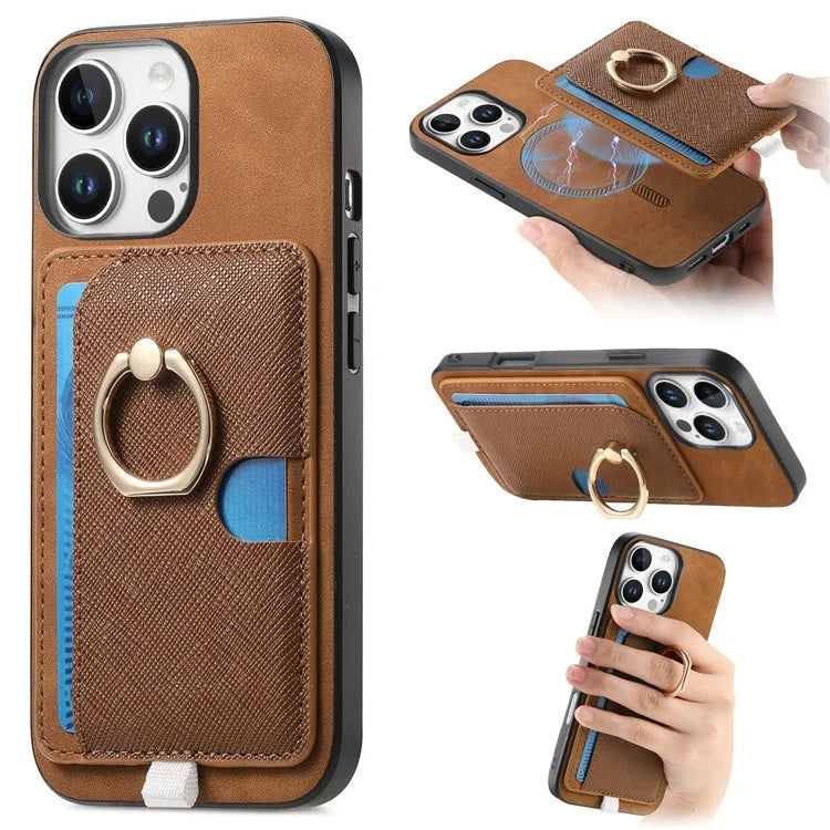 For iPhone 16 Pro Max Case Ring Kickstand Leather+TPU+PC Phone Cover Detachable 2-in-1 Card Holder