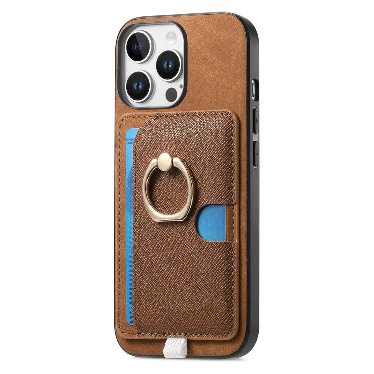 For iPhone 16 Pro Max Case Ring Kickstand Leather+TPU+PC Phone Cover Detachable 2-in-1 Card Holder