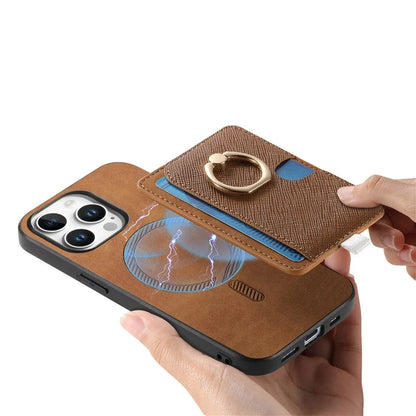 For iPhone 16 Pro Max Case Ring Kickstand Leather+TPU+PC Phone Cover Detachable 2-in-1 Card Holder