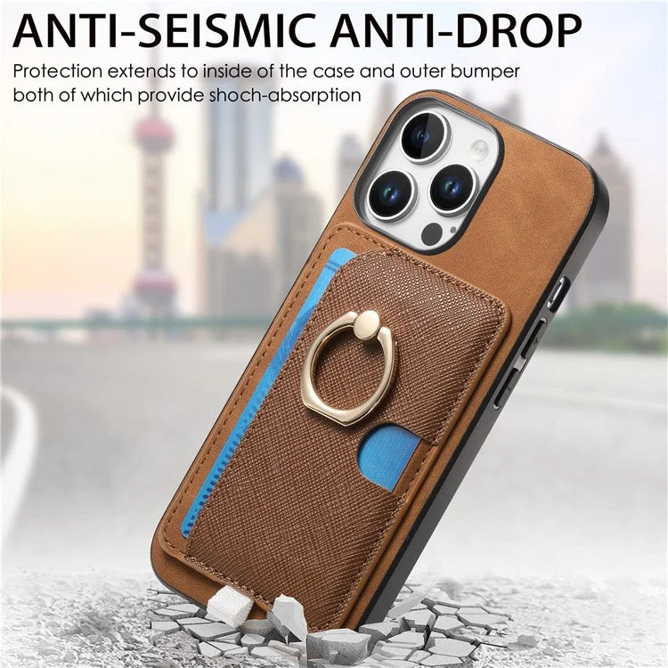 For iPhone 16 Pro Max Case Ring Kickstand Leather+TPU+PC Phone Cover Detachable 2-in-1 Card Holder