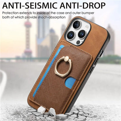 For iPhone 16 Pro Max Case Ring Kickstand Leather+TPU+PC Phone Cover Detachable 2-in-1 Card Holder
