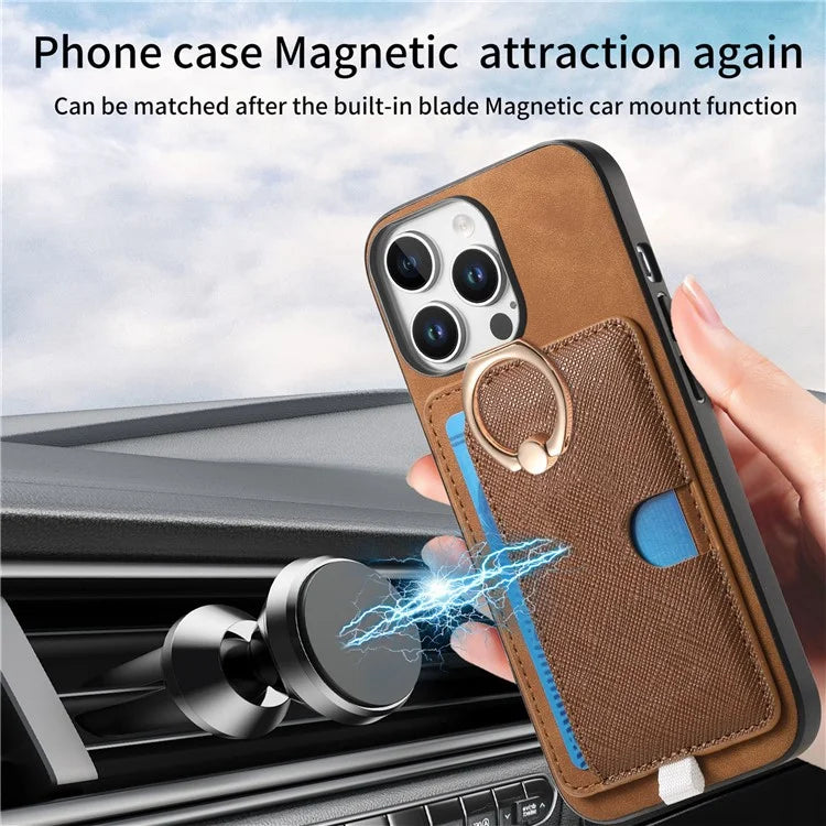 For iPhone 16 Pro Max Case Ring Kickstand Leather+TPU+PC Phone Cover Detachable 2-in-1 Card Holder
