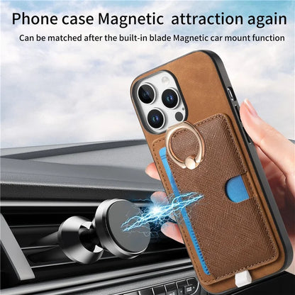 For iPhone 16 Pro Max Case Ring Kickstand Leather+TPU+PC Phone Cover Detachable 2-in-1 Card Holder