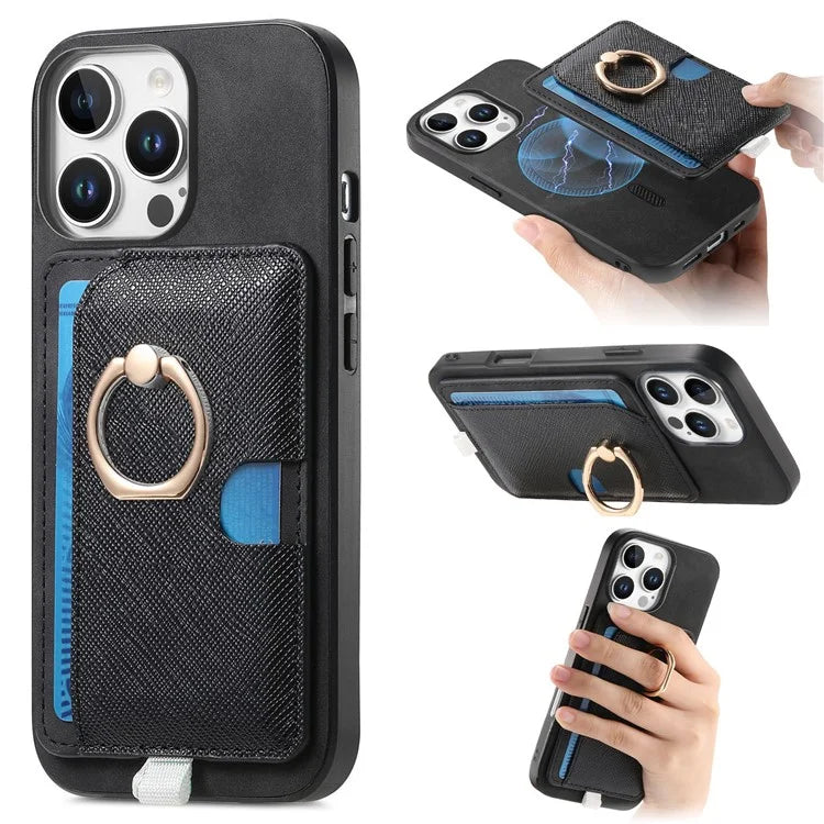 For iPhone 16 Pro Max Case Ring Kickstand Leather+TPU+PC Phone Cover Detachable 2-in-1 Card Holder