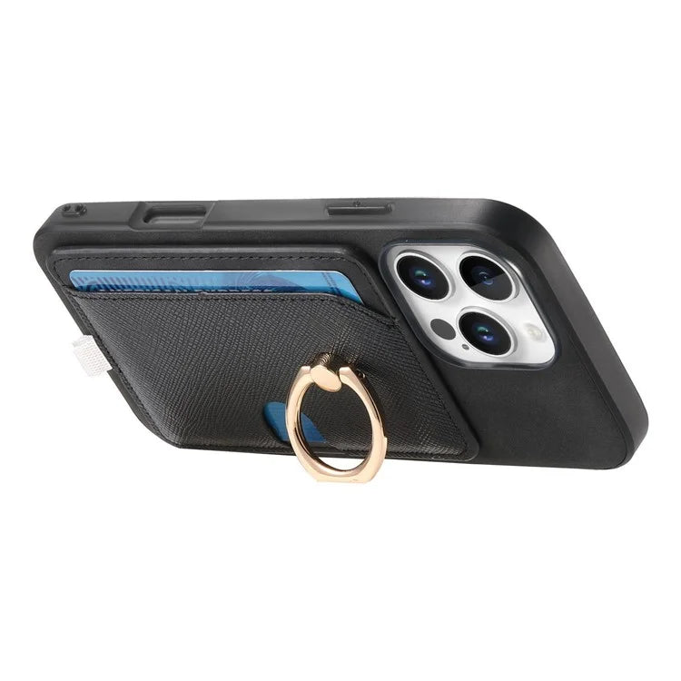 For iPhone 16 Pro Max Case Ring Kickstand Leather+TPU+PC Phone Cover Detachable 2-in-1 Card Holder