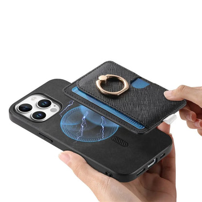 For iPhone 16 Pro Max Case Ring Kickstand Leather+TPU+PC Phone Cover Detachable 2-in-1 Card Holder