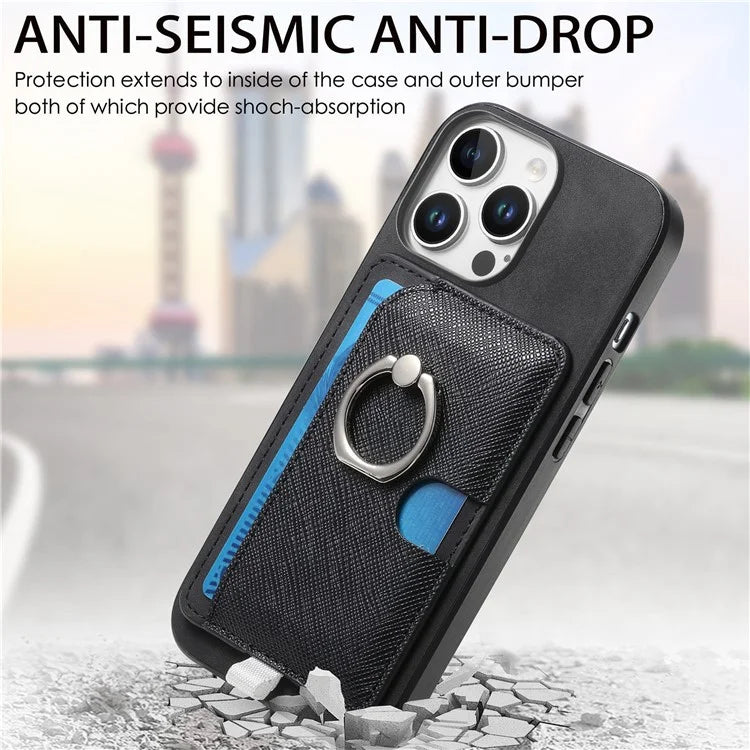 For iPhone 16 Pro Max Case Ring Kickstand Leather+TPU+PC Phone Cover Detachable 2-in-1 Card Holder
