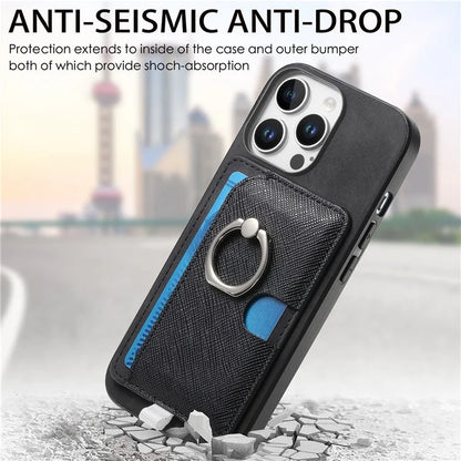 For iPhone 16 Pro Max Case Ring Kickstand Leather+TPU+PC Phone Cover Detachable 2-in-1 Card Holder